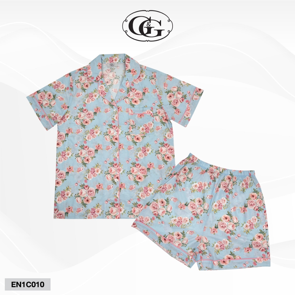 G&G ชุดนอน เสื้อแขนสั้นคอปก กางเกงขาสั้น ผ้าคอตตอน  EN1C010 สีฟ้า (SX)