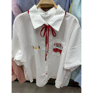 (อก 50“) เสื้อเชิ้ตแขนสั้น >>ปักเชอร์รี่<< 🍒 **ผ้า bubble 🌈