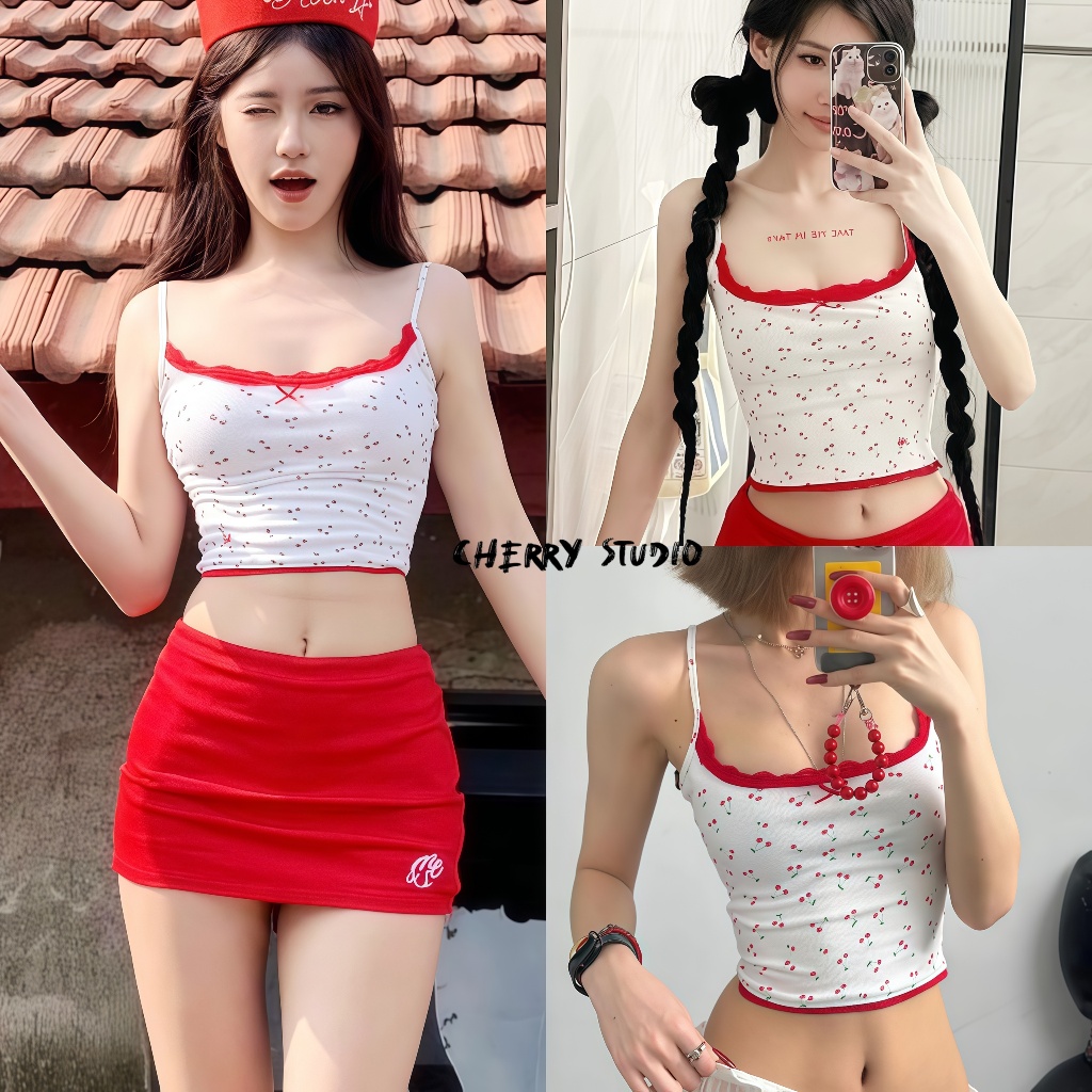 Cherry✨พร้อมส่ง✨ชุดเซ็ทสไตล์สาวเกาหลี ชุดเซท2ชิ้น เสื้อสายเดียวลูกไม้+กระโปรงสั้นสีแดง ชุดคุณหนูดูแพง ชุดไปทะเลชุดไปเที่