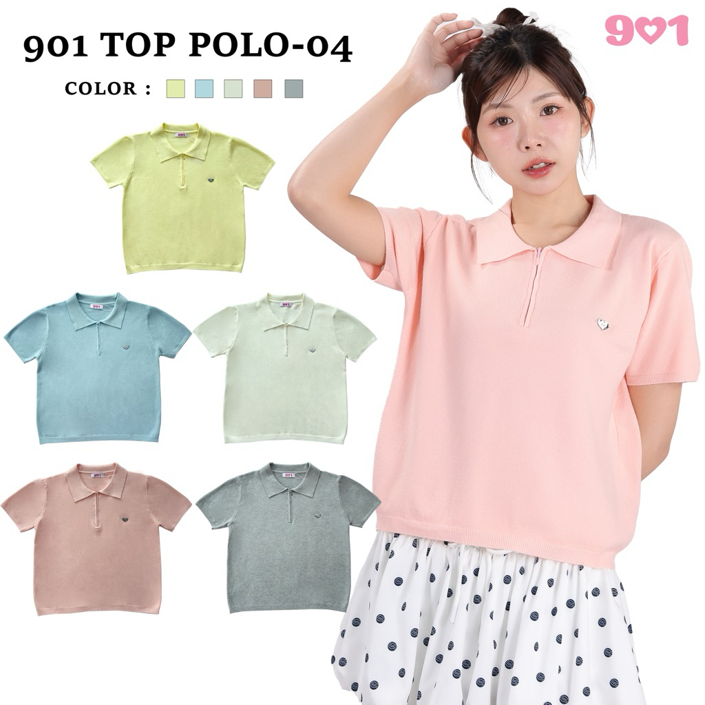 901 Polo-04 เสื้อโปโลไหมพรม คอปก คอซิป ปักอะไหล่หัวใจ901 เสื้อโปโลไหมพรมผู้หญิง