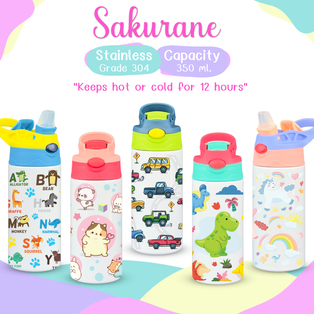 Sakurane แก้วน้ำเด็กสแตนเลส ฝากดหลอดเด้ง ขนาด 350ml. (12oz) กระบอกน้ำเด็ก ขวดอนุบาล สำหรับไปโรงเรียน
