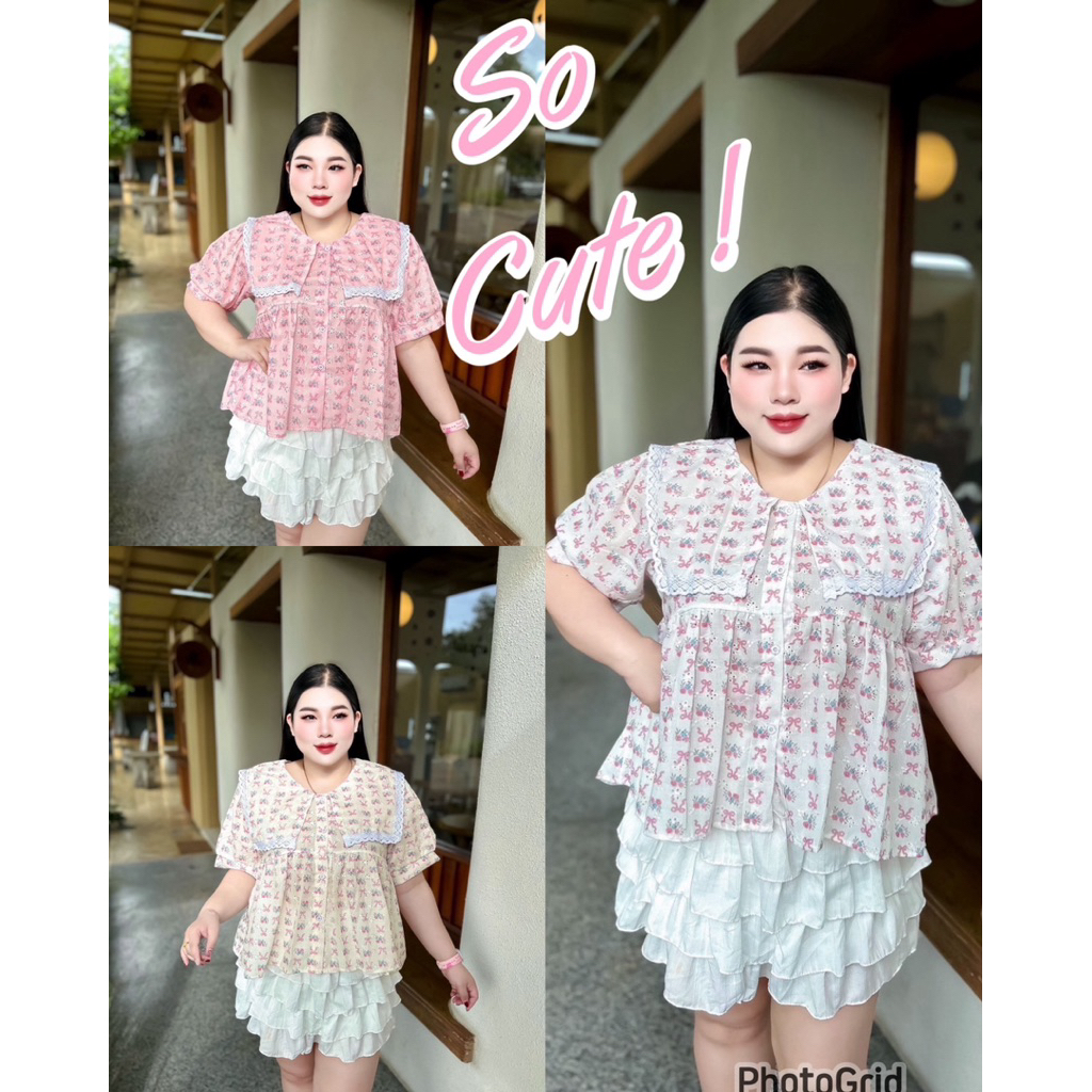 BN673.เสื้อสาวอวบรุ่นปกเหลี่ยมแต่งลูกไม้ ผ้าลูกไม้ฉลุลายโบว์อก50“