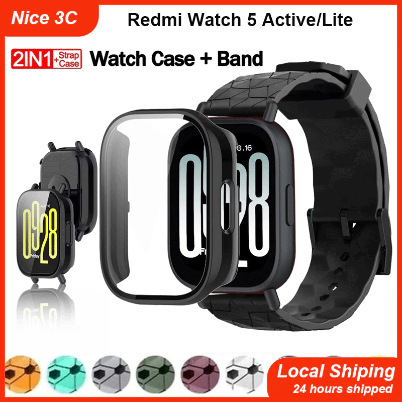 สายซิลิโคนสีทึบ 2-in-1 และเคสกระจกป้องกันแบบครอบเต็มสำหรับสาย Redmi Watch 5 Lite, เคสสำหรับ Redmi Watch 5 Active