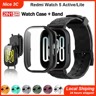 สายซิลิโคนสีทึบ 2-in-1 และเคสกระจกป้องกันแบบครอบเต็มสำหรับสาย Redmi Watch 5 Lite, เคสสำหรับ Redmi Watch 5 Active