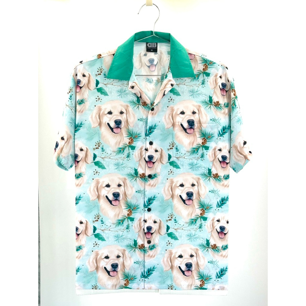 เสื้อเชิ้ตฮาวายลายน้องหมาโกเด้นสีมิ้นต์