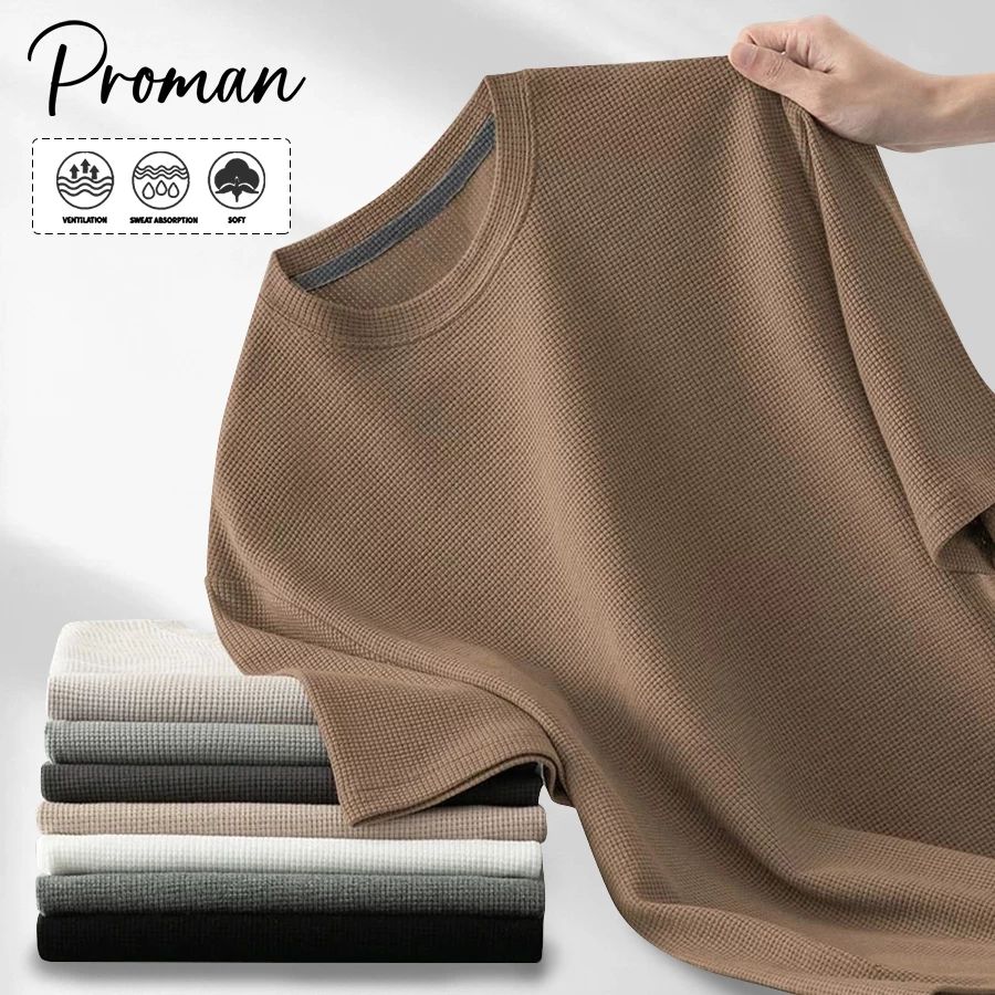 PROMAN เสื้อยืดผู้ชาย ผ้าวาฟเฟิลนุ่ม สไตล์เกาหลี ผ้าคอตตอนแท้ ใส่สบาย ระบายอากาศ ทรงสวย ไซส์ เสื้อสีล้วน M-3XL รับCOD