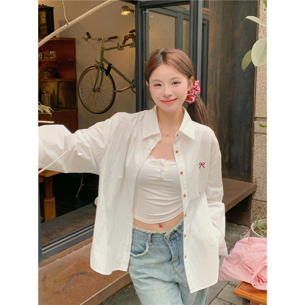 Beryl เสื้อเชิ้ตแขนยาว สีพื้น ปักลายโบว์ ทรงหลวม สีชมพู เสื้อสไตล์เกาหลีแฟชั่นลำลอง แมชง่ายกับทุกลุค - รูปที่ 3