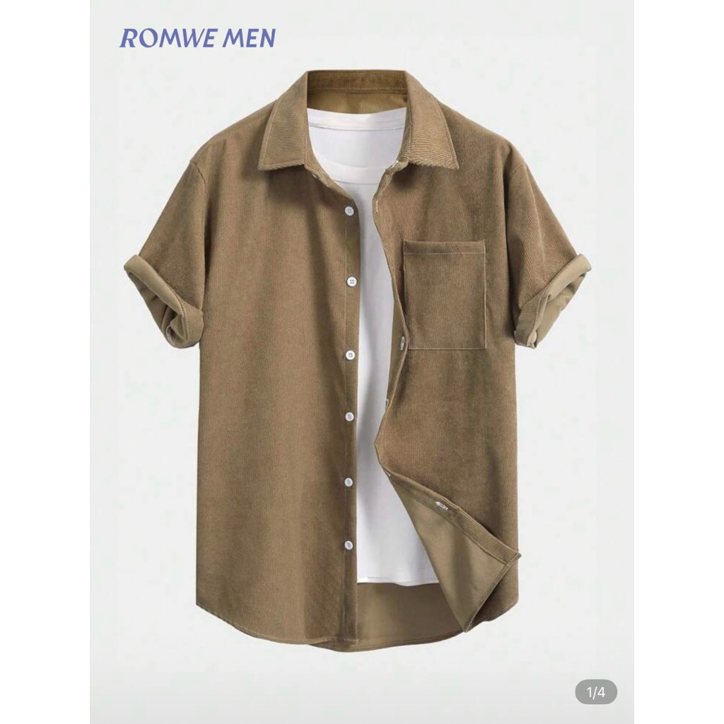 ROMWE MEN เสื้อเชิ้ตกระดุมหน้าพื้นสีเรียบ ผ้ากำมะหยี่ มีกระเป๋า Size M