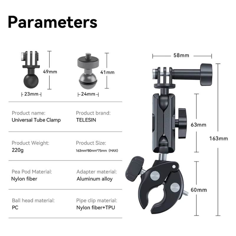Telesin GoPro , DJI , Insta360 Handlebar Mount Tube Clamp ตัวหนีบพลาสติกยึดติดจักรยานหรือราวจับ thumbnail 3