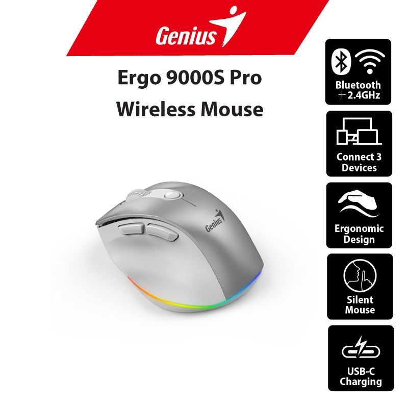 Genius ERGO 9000S Pro สี Silver เมาส์ไร้สาย Dual Mode Bluetooth + 2.4GHz ชาร์จ USB-C มีไฟ RGB พกพาง่าย น้ำหนักเบา