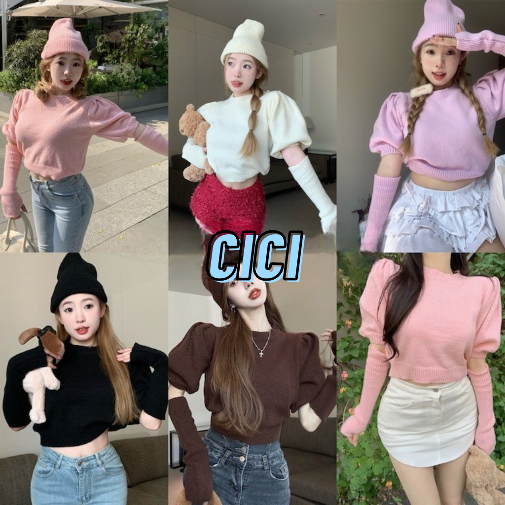 ส่งทันที Cici(SALE Z1096)Croptop Set เสื้อครอปไหมพรมพร้อมหมวก มีกิมมิคปลอกแขนเก๋ๆใส่แมตช์สไตล์โคเรีย