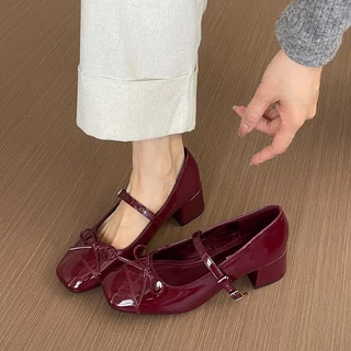 สวยงามไม่ซ้ำใครรองเท้าแมรีเจนผูกโบว์ส้นหนาส้นกลางสายเดี่ยวสง่างามเข้ากับทุกชุดเสริมความมั่นใจ