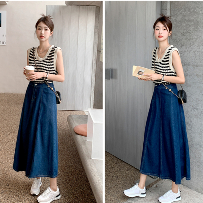 GHAOHES   กระโปรงยีนส์ยาวปานกลางวินเทจ เอวสูง สำหรับทรงลูกแพร์ กระโปรงยีนส์มิติ(BV41)