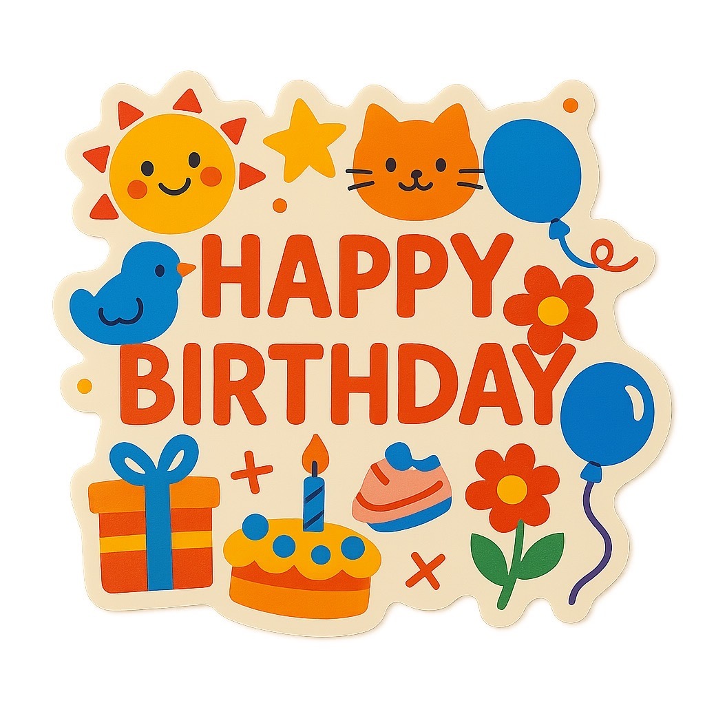 สติ๊กเกอร์ “Happy Birthday” สไตล์ญี่ปุ่นคาวาอี้ 🎂🌸🎈🐰🍡⭐
