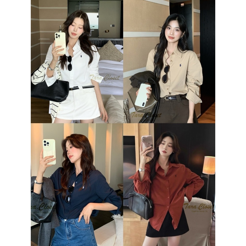 IT108 TARA Shirt เสื้อเชิ้ต คอปก ปักลายม้า แขนยาว กระดุมหน้า เนื้อผ้าไหมอิตาลี ผ้าดี ใส่สบาย ไม่ร้อน