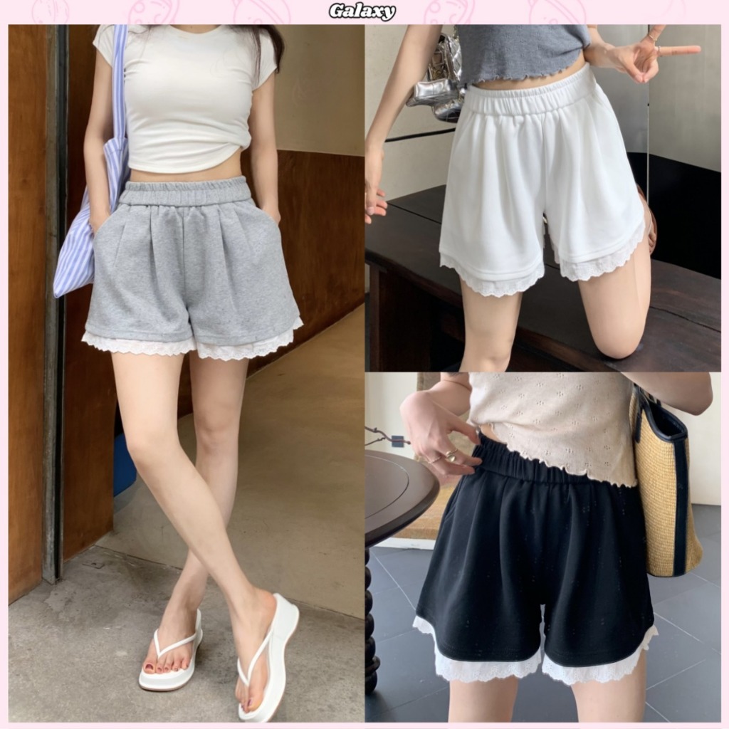 กางเกงลำลอง กางเกงกีฬาผู้หญิง เอวสูง ทรงA ขอบลูกไม้ ใส่กับอะไรก็เริ่ด #010264
