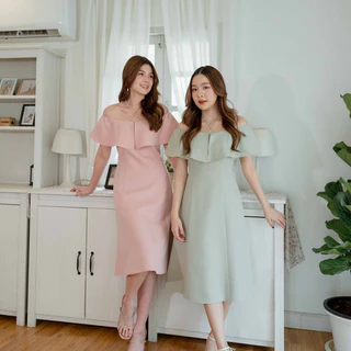 PNK020 Iris Dress✨ เดรสเปิดไหล่ กระโปรงบาน สายผูกคอ ออกงาน ไปงาน Pinky Dressy