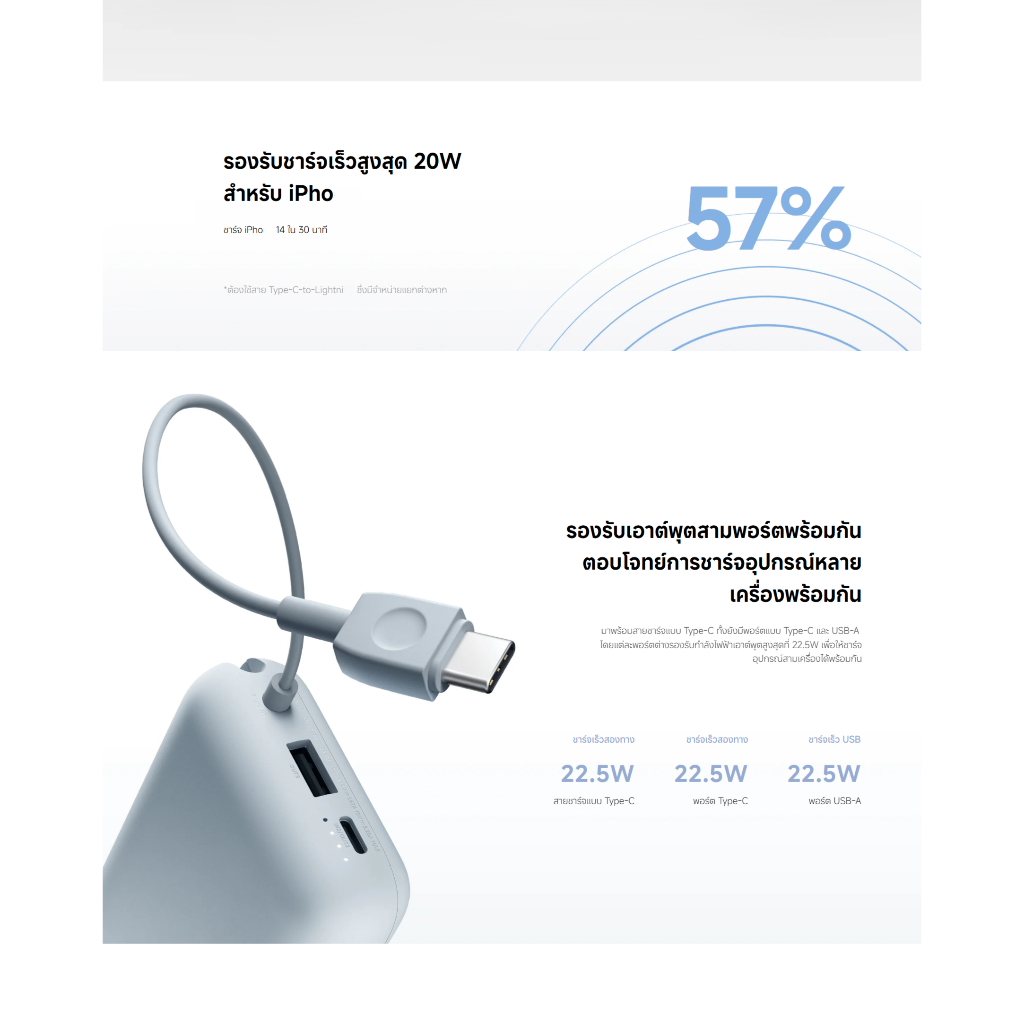 Xiaomi Power Bank 10,000mAh Integrated Cable แบตสํารอง | การป้องกันอุณหภูมิ | การชาร์จเร็วสองทางแบบ Type-C | 22.5W - รูปที่ 6