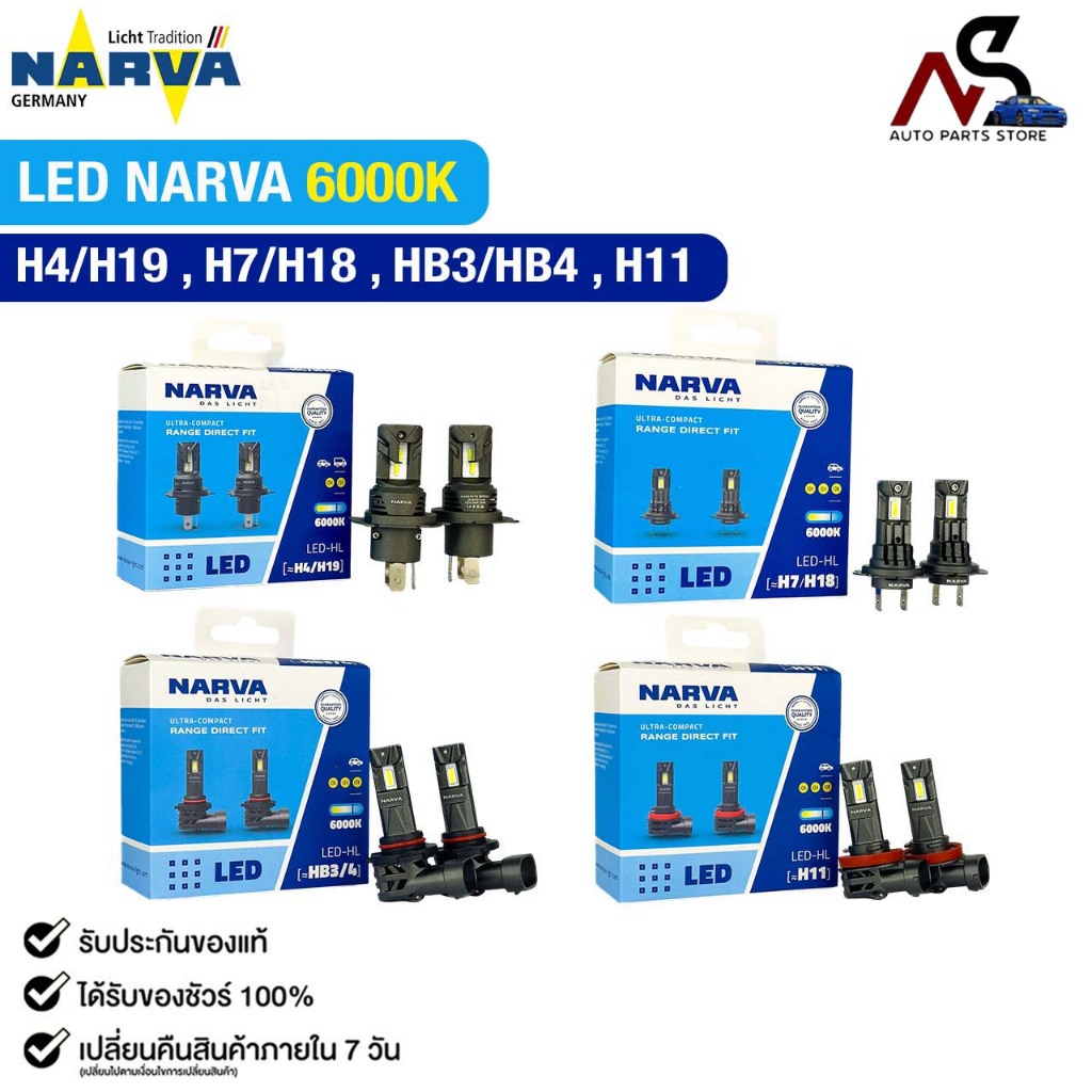หลอดไฟหน้ารถยนต์ NARVA 6000K LED H4/H19 , H7/H18 , HB3/HB4 , H11 รุ่น Range Direct Fit