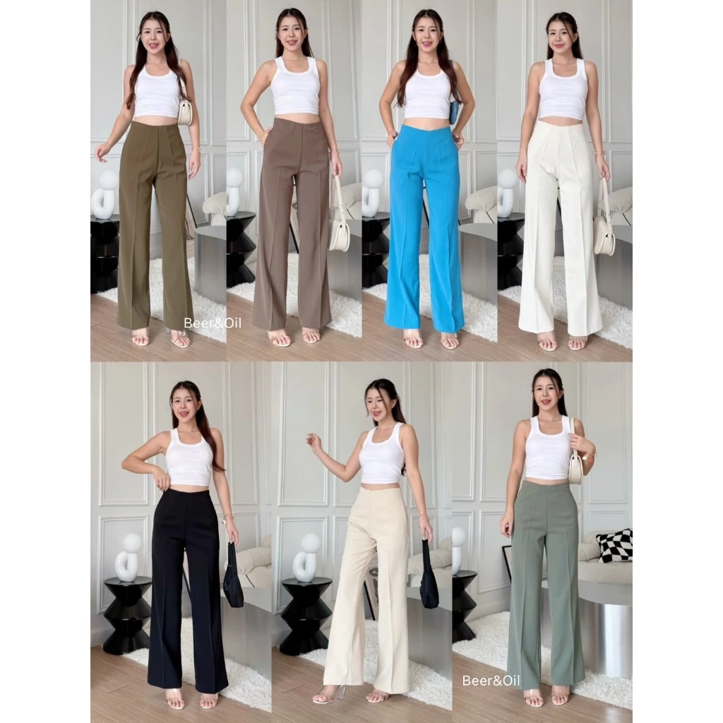 L0070 Beer&Oil กางเกงขายาวเอวสูงขากระบอกผ้าลิลลี่ งานซิปหลังขอบในตัวหน้าเรียบมีกระเป๋าใชงานได้จริง