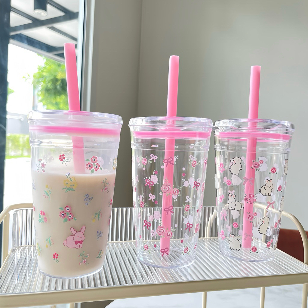 แก้วน้ำ Tritan  ใส่ร้อนและเย็น พิมพ์ลายนูน 450 ml ลายน่ารัก มีฝาและหลอด สีชมพู พร้อมส่ง