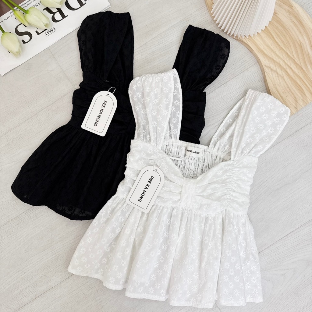 Mone top : เสื้อกล้าม เย็บจีบหน้าอก ชายระบาย เนื้อผ้าปักดอกไม้ KN.Clothes - รูปที่ 4