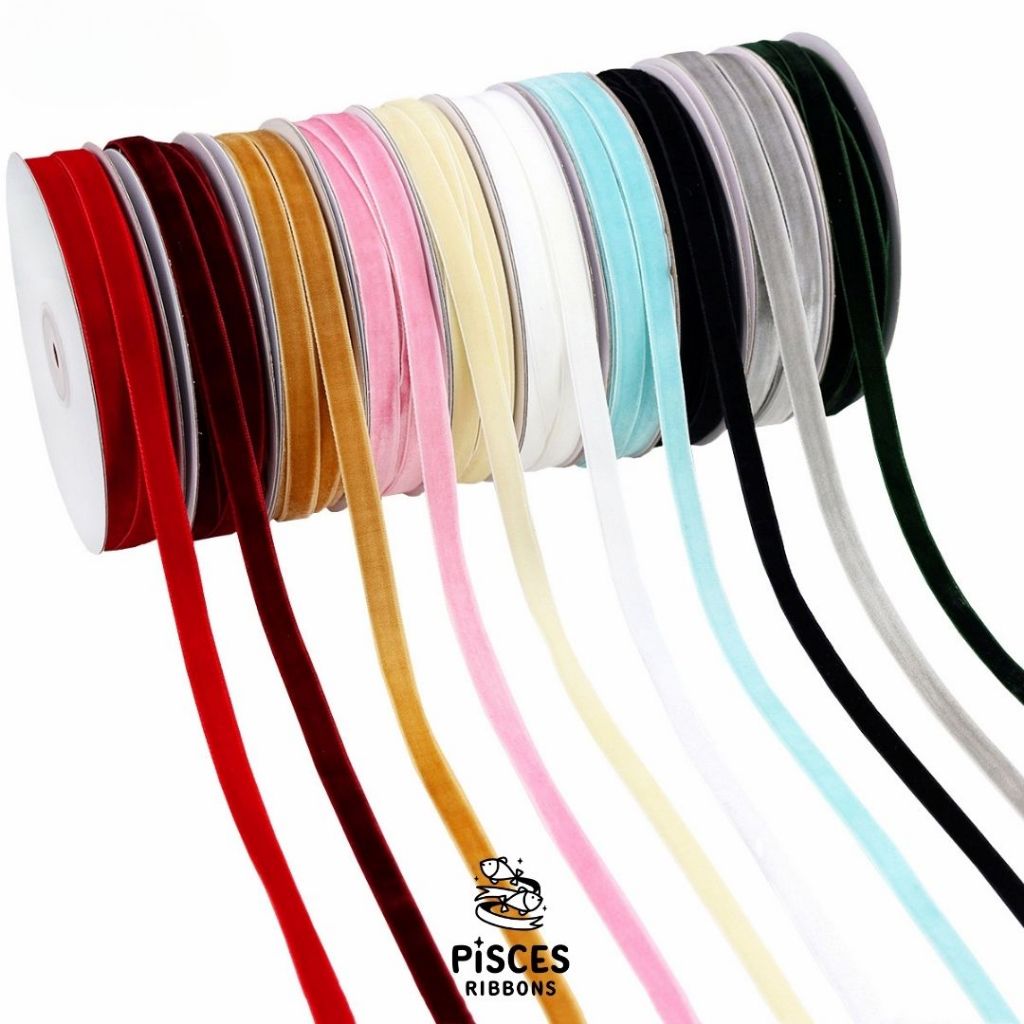 1 ม้วนเล็ก【10 หลา】* ขนาด 0.6 cm.VELVIA – Premium Velvet Ribbon ริบบิ้นกำมะหยี่เนื้อแน่นพรีเมี่ยม เงานุ่มหรู หลากสี