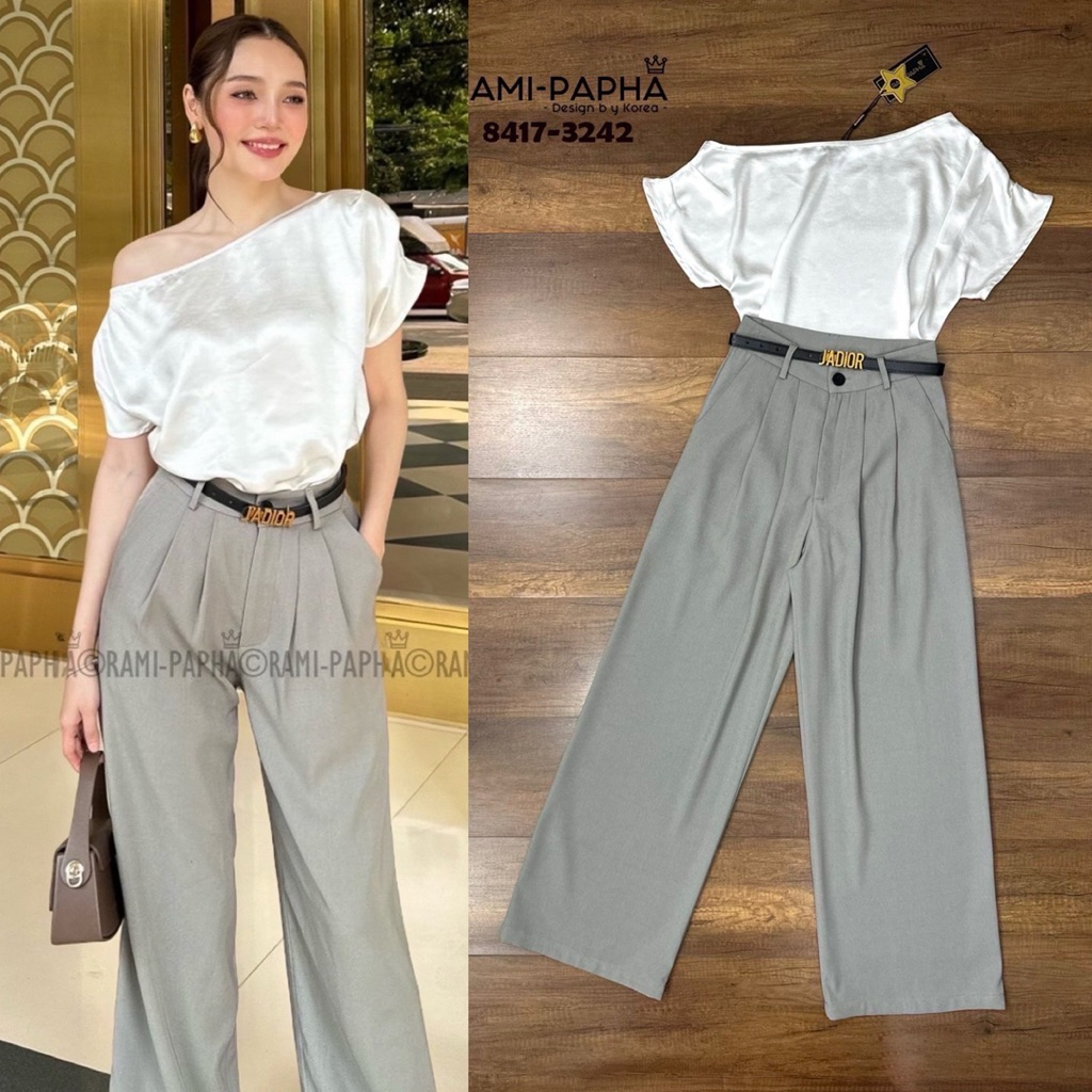 พร้อมส่ง S XL⚡️RM 8417 ชุดเซต3ชิ้น เสื้อ+ขายาว+เข็มขัด สีขาว/เทา