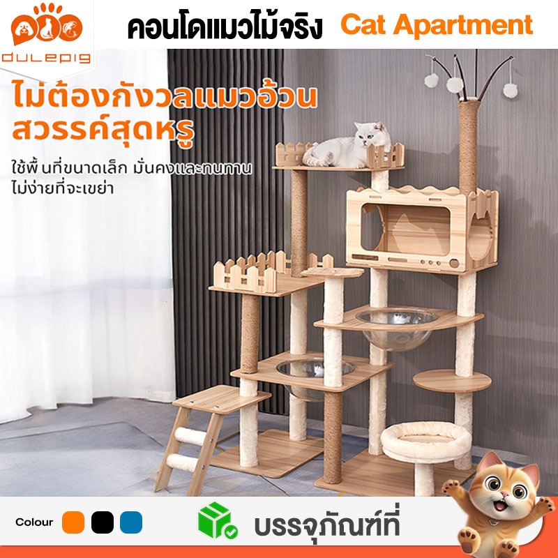 คอนโดแมวแข็งแรงมาก มั่นคง ไม่โยกเยกบ้านแมวแบบไม้งานไม้ทั้งหลัง  ที่ลับเล็บแมวคอนโดแมวไม้ คอนโดไม้176CMโครงปีนแมวcondoแมว