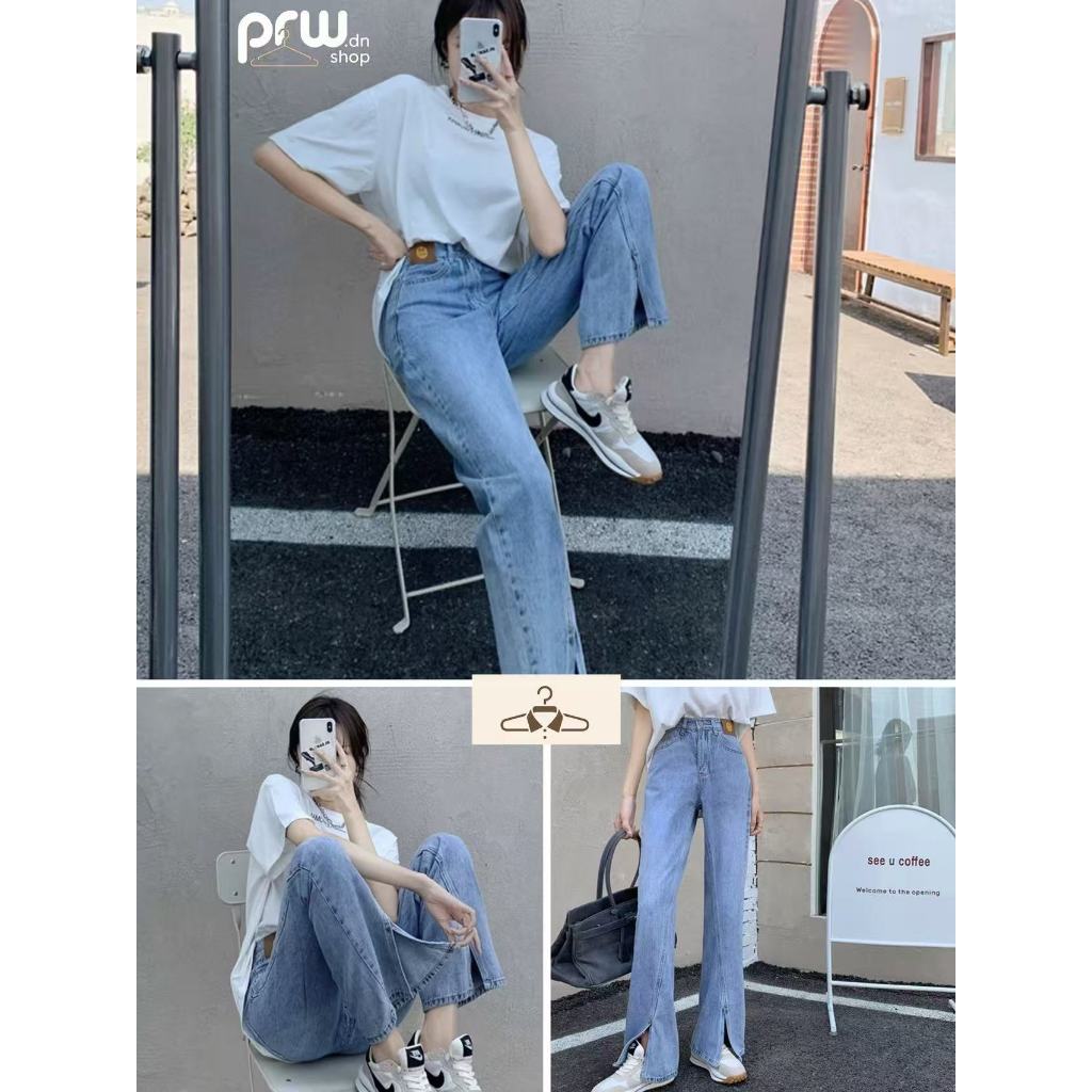 PRW.DN-กางเกงยีนส์ทรงกระบอก เอวสูง ผ่าหน้า สินค้าดี#A004