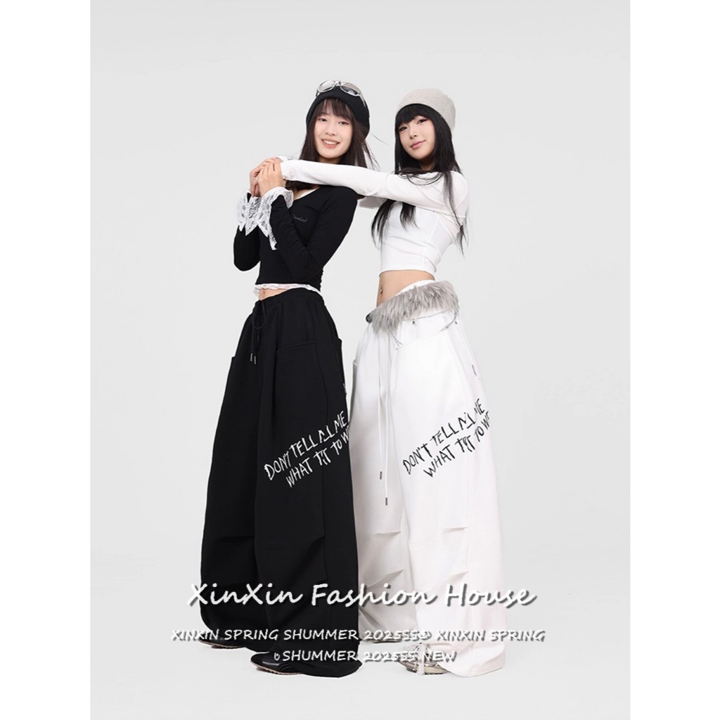 กางเกงกีฬาขากว้างเชือกผูกพิมพ์ลายตัวอักษรสำหรับเต้นรำแจ๊สในช่วงฤดูร้อนของผู้หญิงอเมริกัน