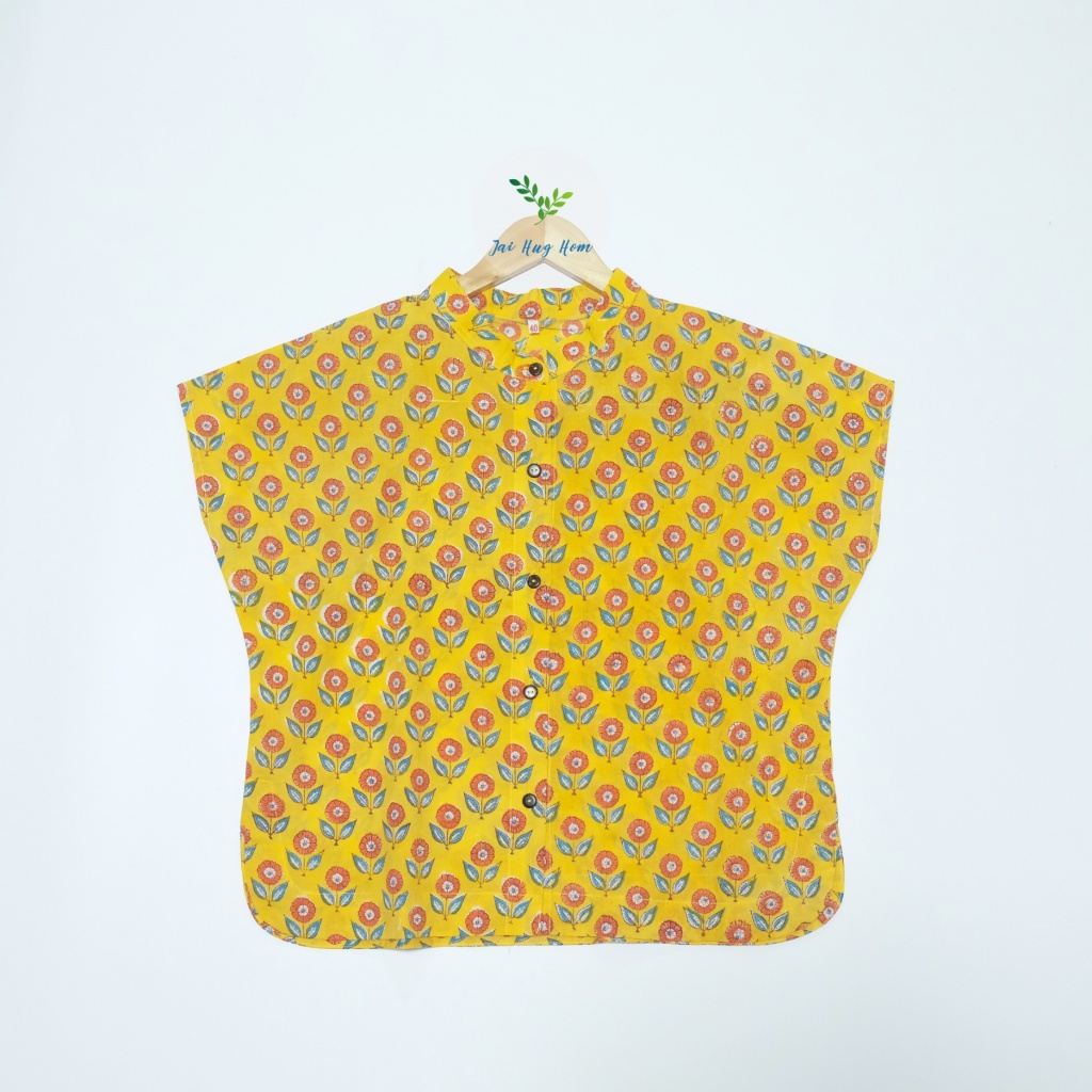 เสื้อคอปีน แขนเลยไหล่ กระดุมหน้า เนื้อผ้าฝ้ายอินเดีย พิมพ์ลายบล็อกไม้