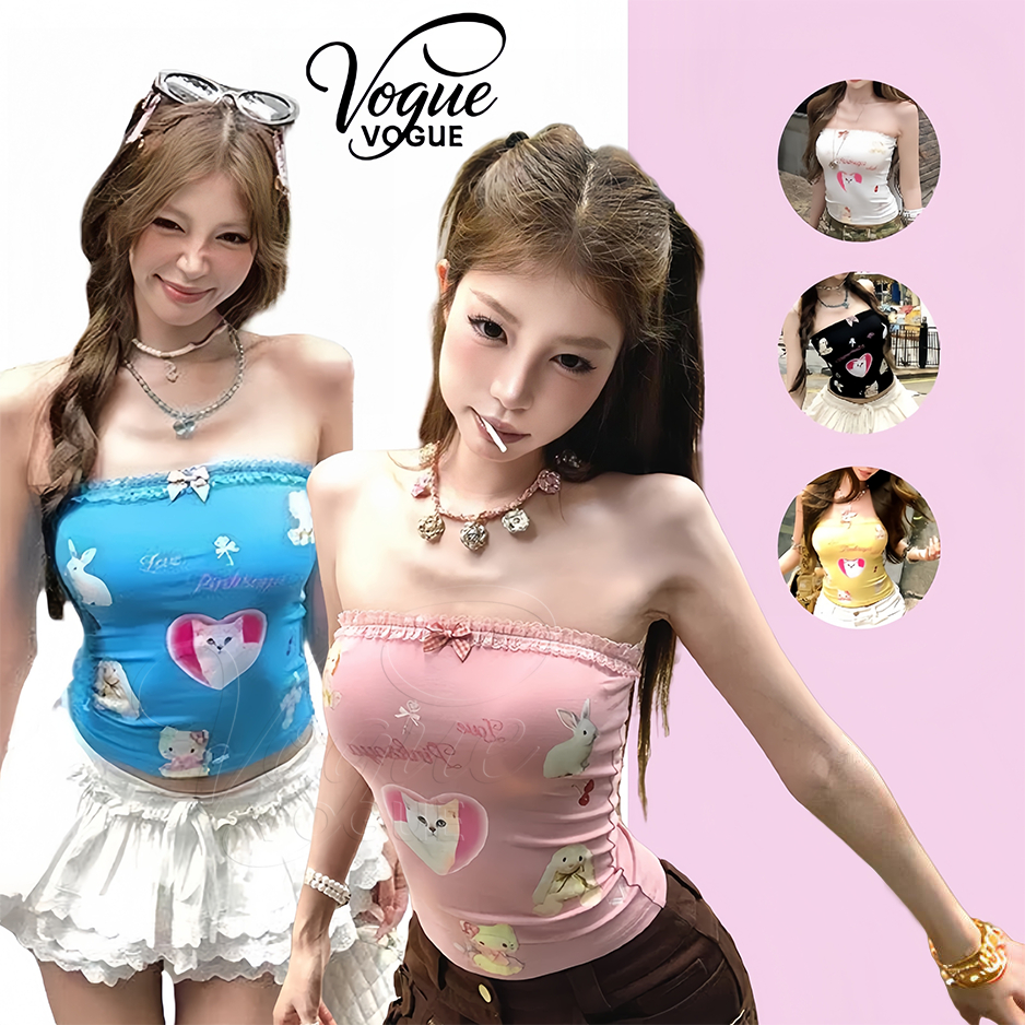 Vogue🌟พร้อมส่ง🌟 เสื้อสายเดี่ยว เสริมฟองน้ำ สีสดใส ลายน้องแมวน่ารักยืดพอดีตัว (FY10149)