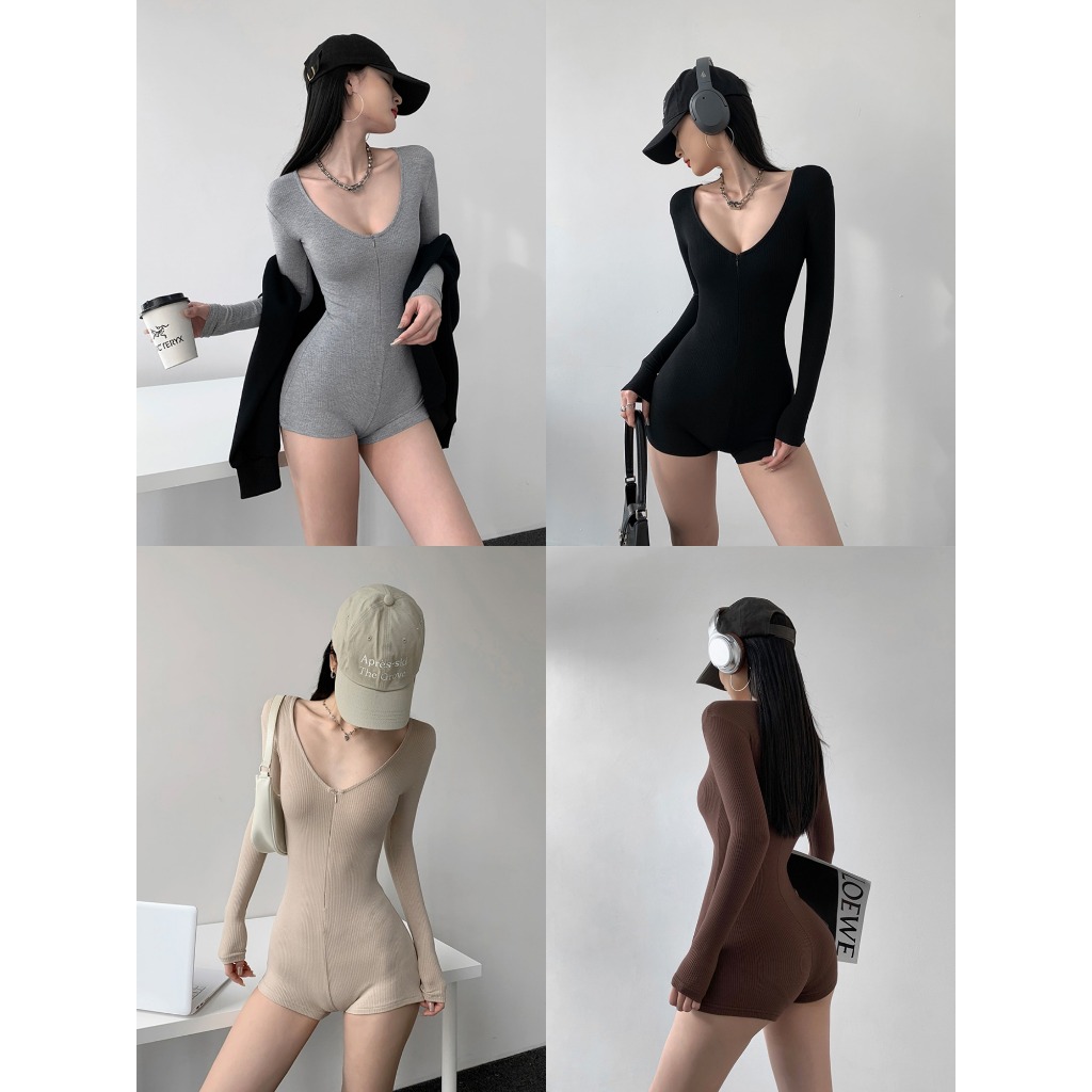 7สี จั๊มสูท บอดี้สูทโยคะผู้หญิง คอv ทรงเข้ารูป ใส่ซิปอก #1502401