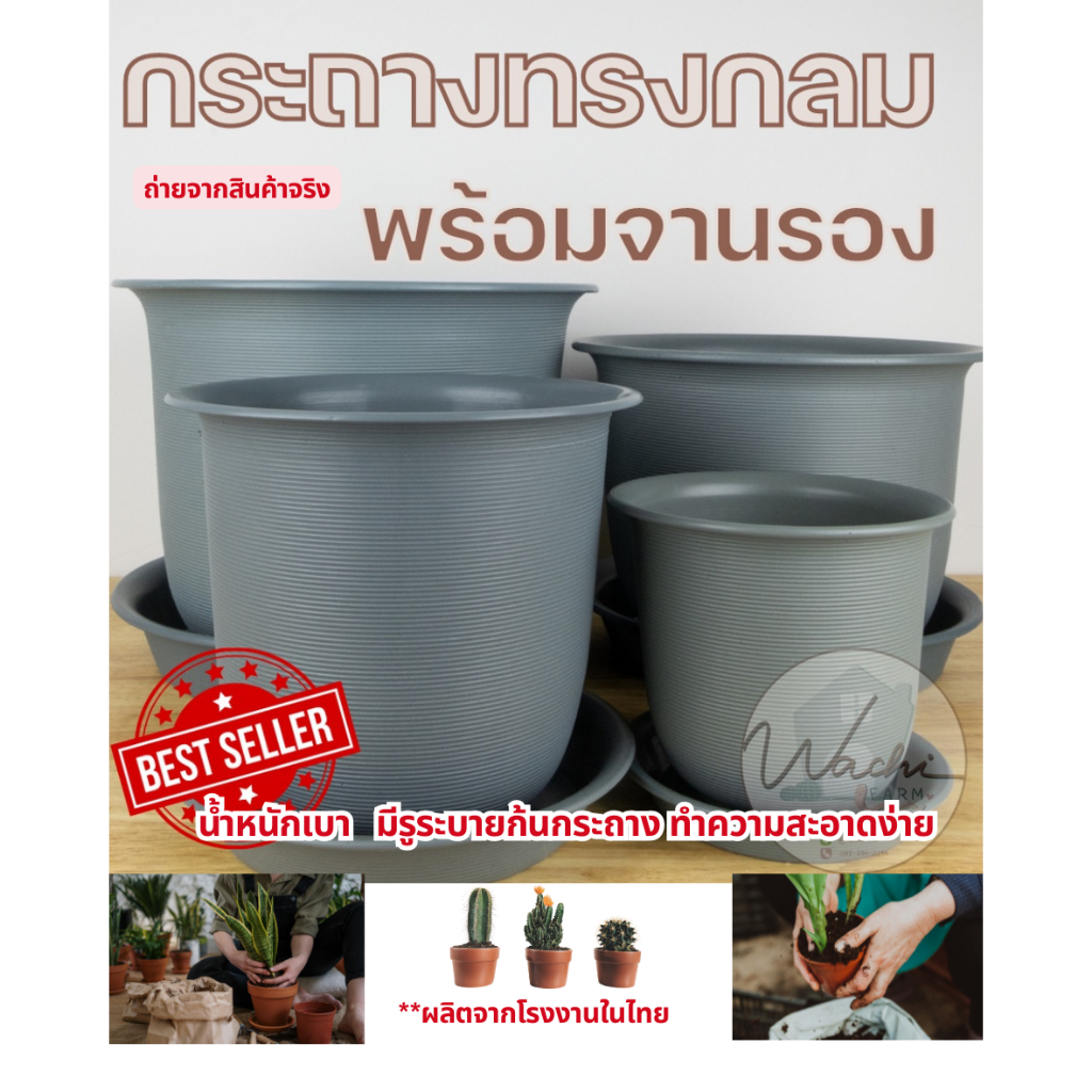 [โค้ด LUXUPTOCT ลด 5%] กระถางญาญ่า ทรงกลม มินิมอล ขนาด 6, 8, 10, 12 นิ้ว สีเทา พร้อมจานรอง