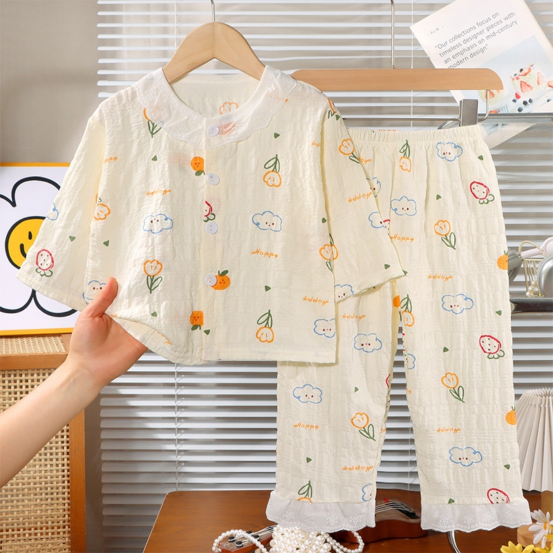 เสื้อผ้าหญิงเด็ก ชุดบ้าน ขนาด 80-130cm ผ้าฝ้ายเวอร์ชั่น ฤดูใบไม้ผลิฤดูใบไม้ร่วงฤดูร้อนสาวบางแขนยาว