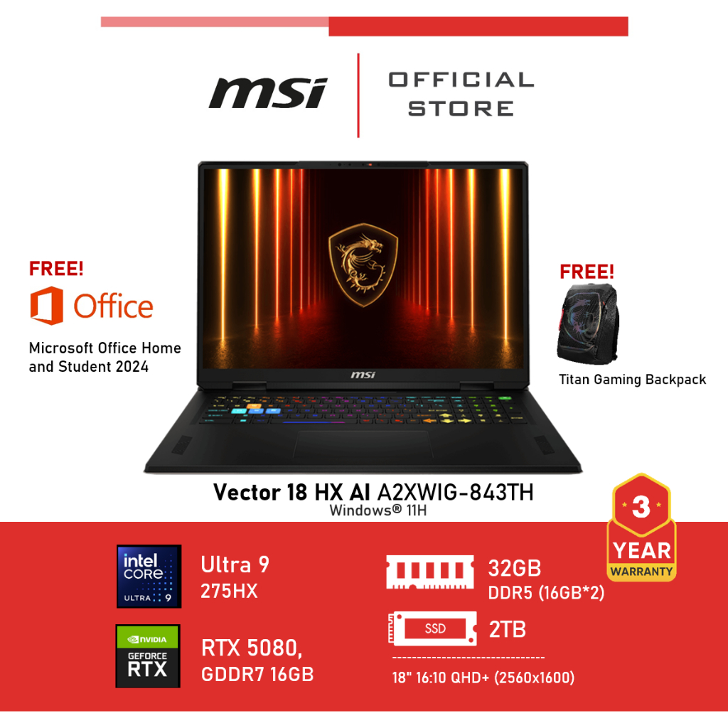 MSI Vector 18 HX AI A2XWIG-843TH (NVIDIA® GeForce RTX™ 5080 Laptop GPU, GDDR7 16GB) Laptop