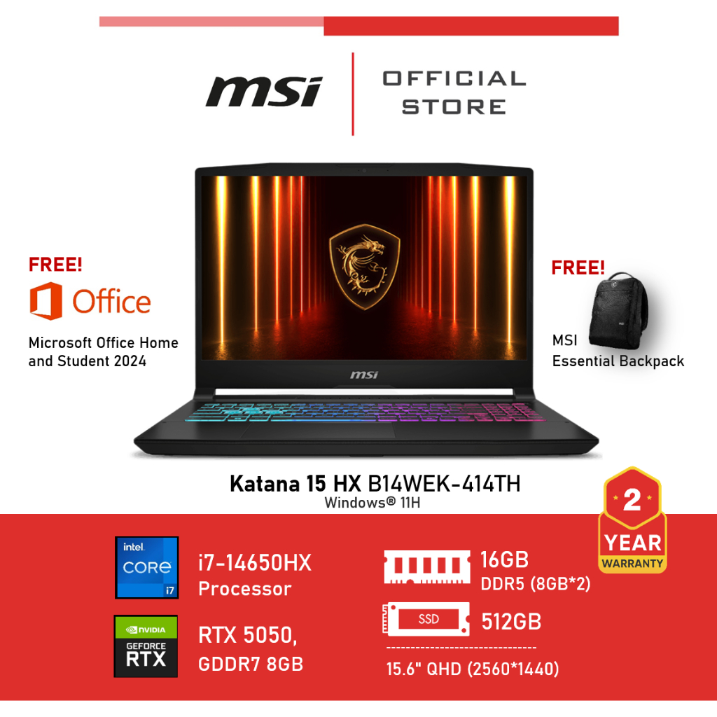 [Pre-Order] MSI Katana 15 HX B14WEK-414TH (NVIDIA® GeForce RTX™ 5050 Laptop GPU, GDDR7 8GB) Laptop
