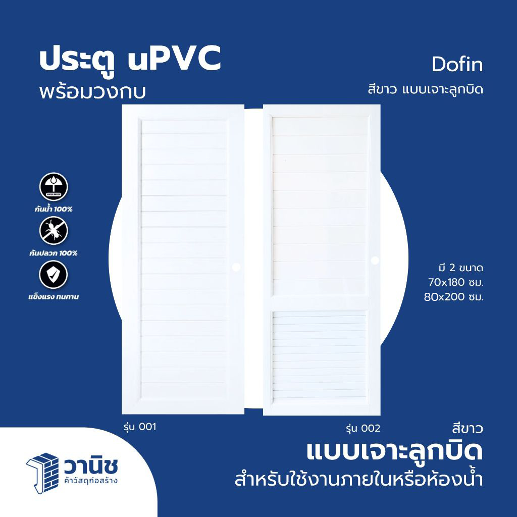 ประตูพร้อมวงกบ uPVC Dolfin รุ่น B0-001,B0-002 ขนาด 70 x 180, 80x200 ซม. แบบเจาะลูกบิด I กันน้ำ กันปล