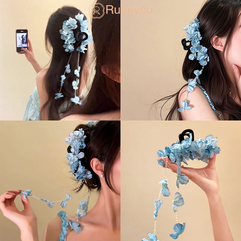 Rubuyou กิ๊บติดผมทรงพู่ดอกไฮเดรนเยีย ย้อนยุค กิ๊บติดผมรูปฉลามระดับไฮเอนด์ สำหรับผู้หญิง แฟชั่น เครื่องประดับผม-COD