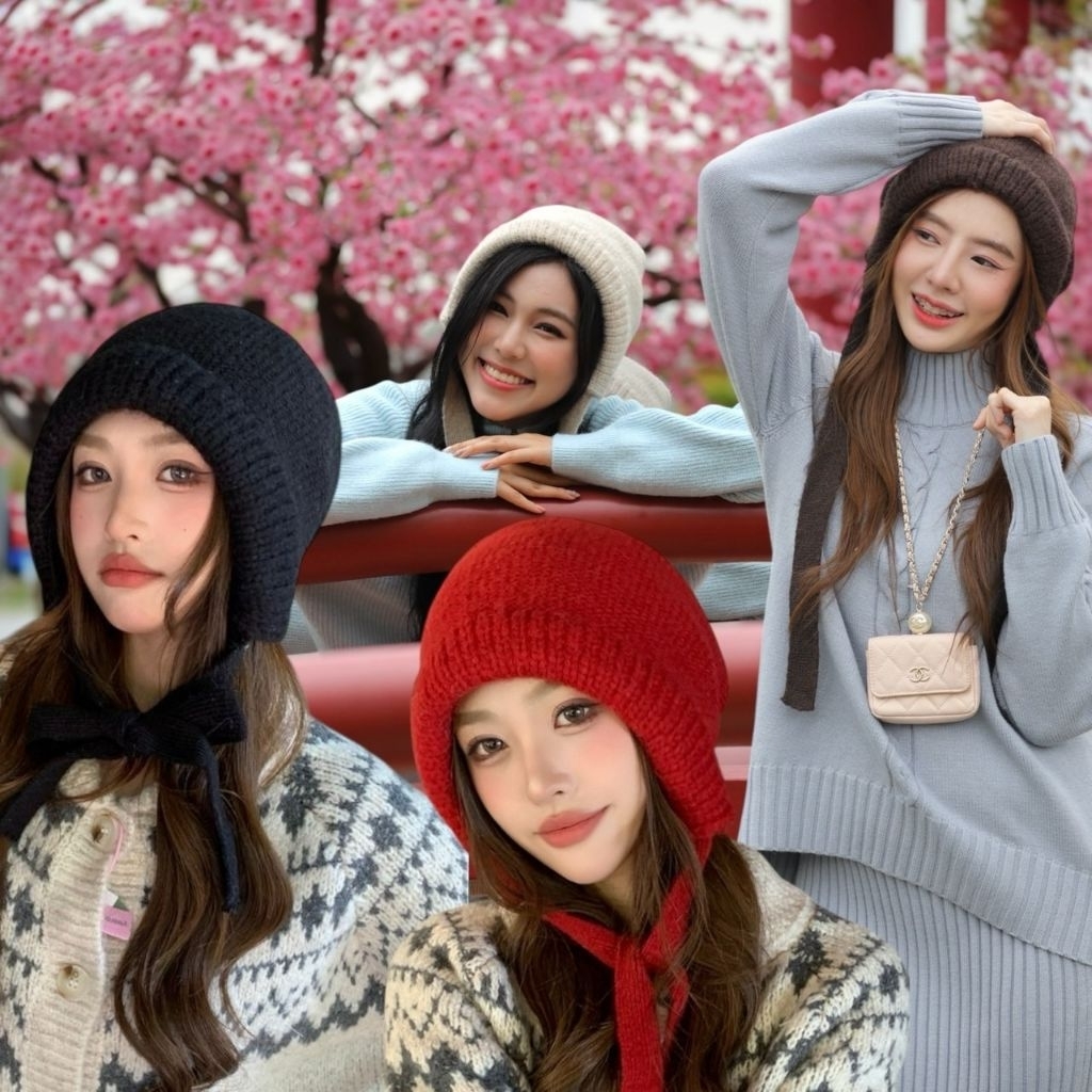 J160 หมวกไหมพรม ผูกใต้คาง หวานๆ หมวกรุ่นใส่แล้วอุ่น แถมน่ารัก น่าทะนุถนอม เป็นสาวหวานขึ้นมาเลย