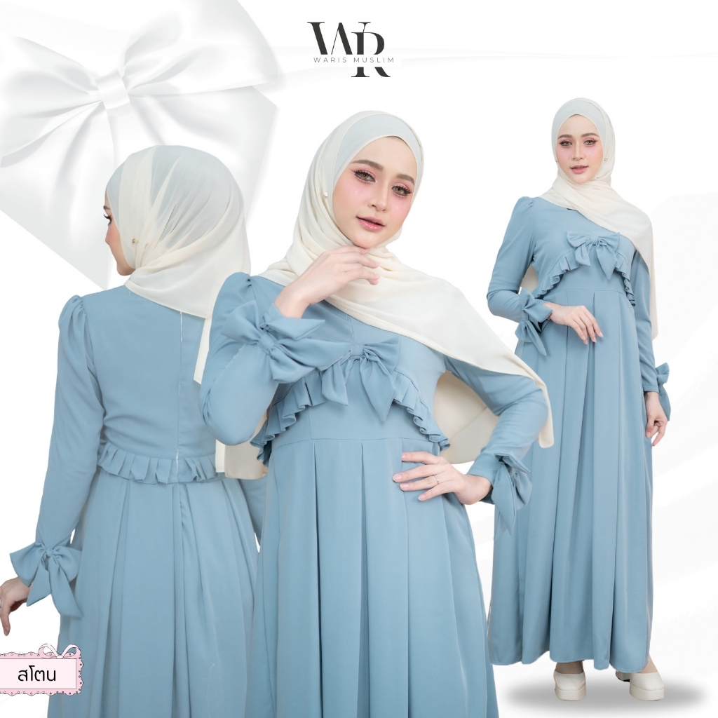 ชุดเดรสออกงานอิสลาม ผ้าเปเป้ เรียบหรูดูลักชู งานซิปหลัง แต่งโบว์เพิ่มความน่ารัก IN34วาริสมุสลิม EP2