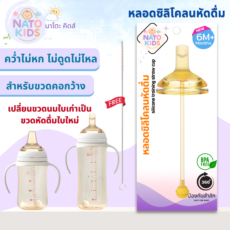 แบรนด์นาโตะ คิดส์ หลอดหัดดื่มซิลิโคน  หลอดหัดดื่มมีกันสำลัก  (BPA-Free) ซิลิโคนนิ่มเกรดพรีเมียม