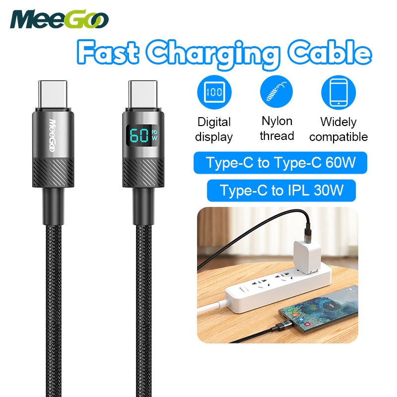 MeeGoo สายชาร์จเร็ว C to C / C to A 30W 60W ชาร์จไว ยาว 1 เมตร จอแสดงผลดิจิตอล สายชาร์จ Type-C IP