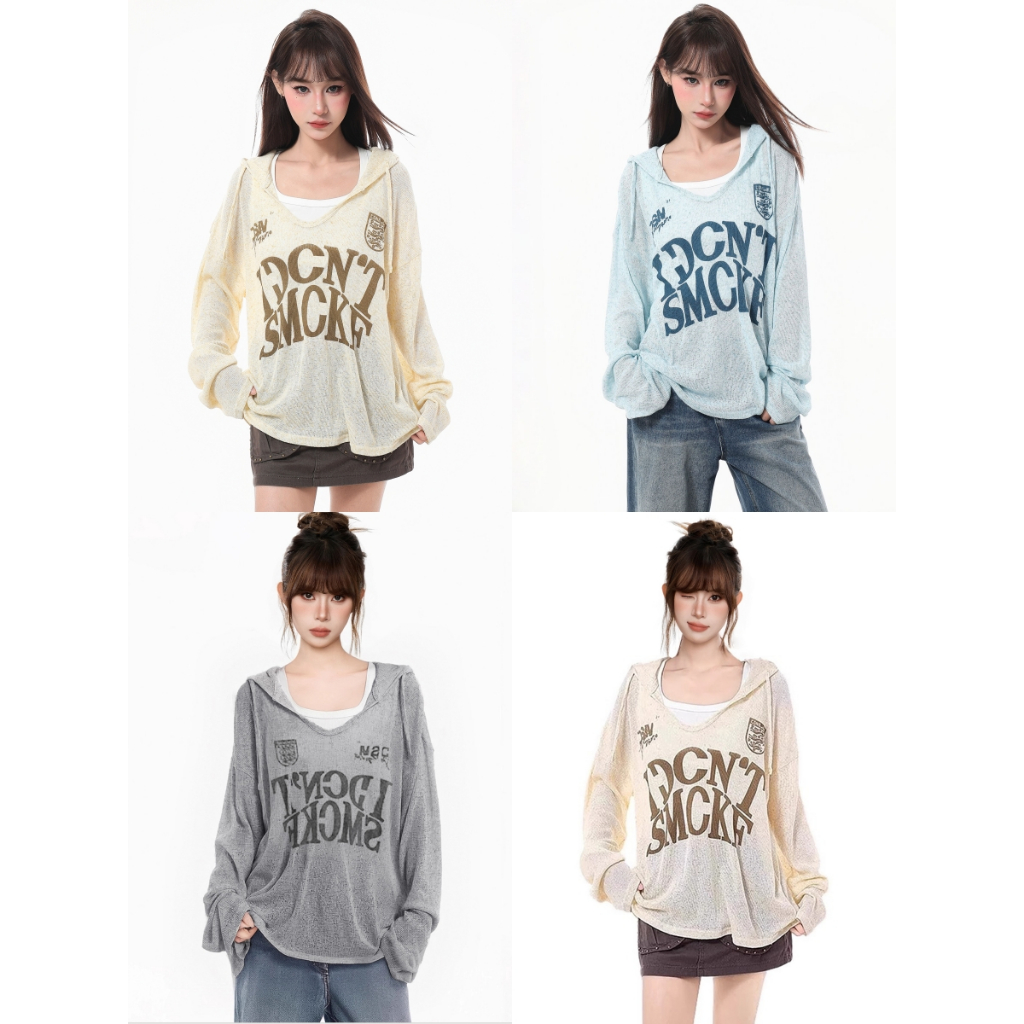 เสื้อผู้หญิง เสื้อไหมพรมเบาบาง สกรีนอักษร มีหมวกใส่ได้ ผ้าฉลุอก ผ้าระบายอากาศดี #11375