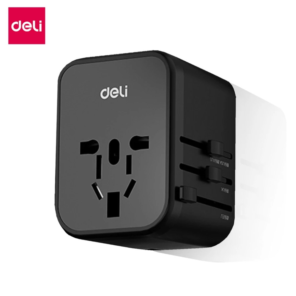 Deli ปลั๊กแปลงขา อแดปเตอร์แปลงขา ใช้ได้ทั่วโลก USBA,C แรงดันไฟ 110v-230v ชาร์จเร็ว Travel Adapter