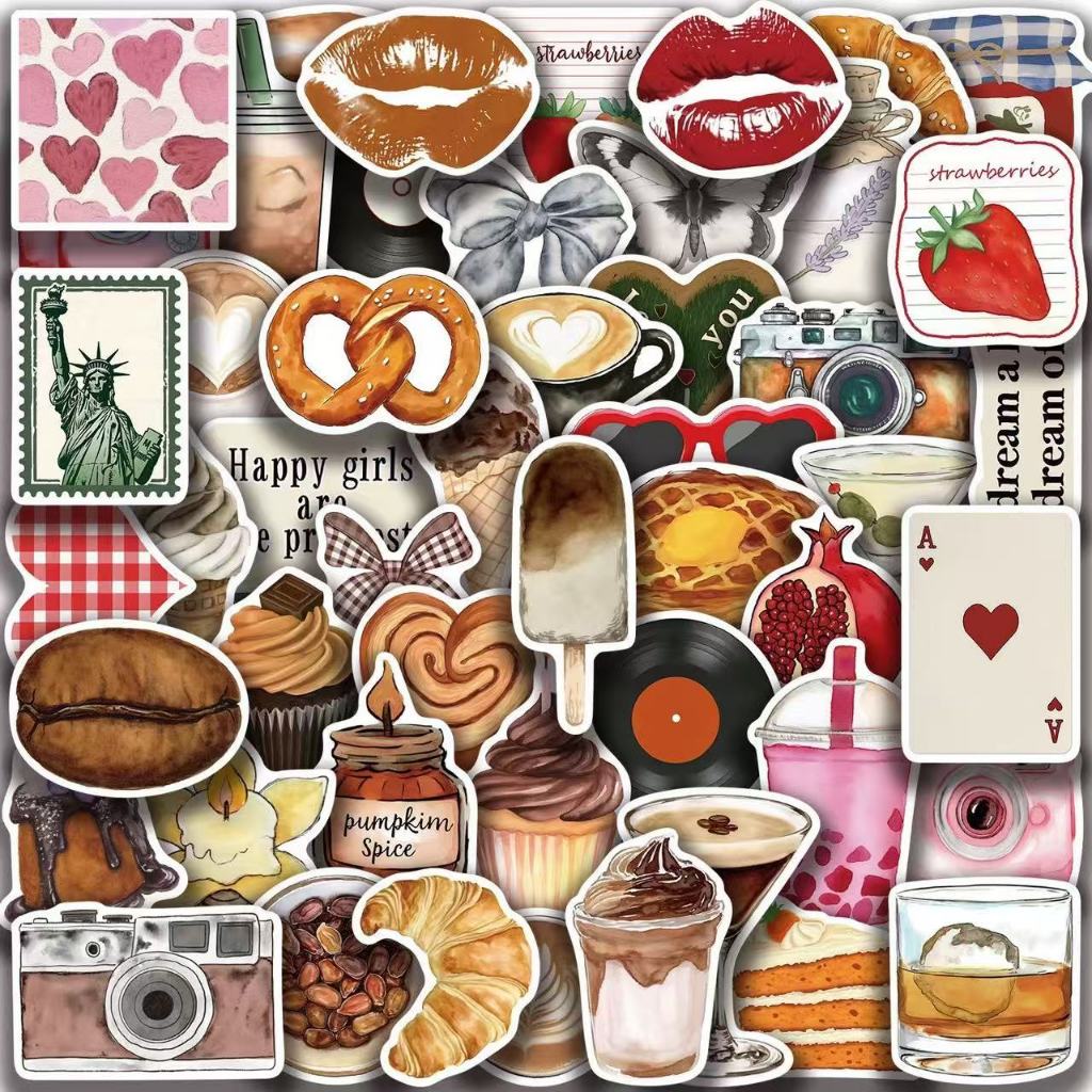 50แผ่น ย้อนยุค การ์ตูน กาแฟ สติ๊กเกอร์ ใช้ตกแต่งกระเป๋าเดินทาง เคสไอแพด เคสโทรศัพท์ แล็ปท็อป แก้วน้ำ ตู้เย็น