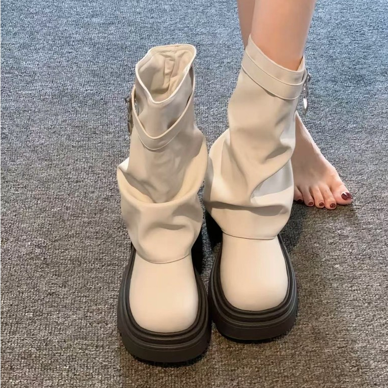 (แนะนำ+1ไซด์ค่ะ)One for all  TX612 รองเท้าบูทมาร์ตินแพลตฟอร์ม ส้นหนา2นิ้ว วัสดุ Pu สไตล์อังกฤษ บูทกลาง Y2K แฟชั่นผู้หญิง