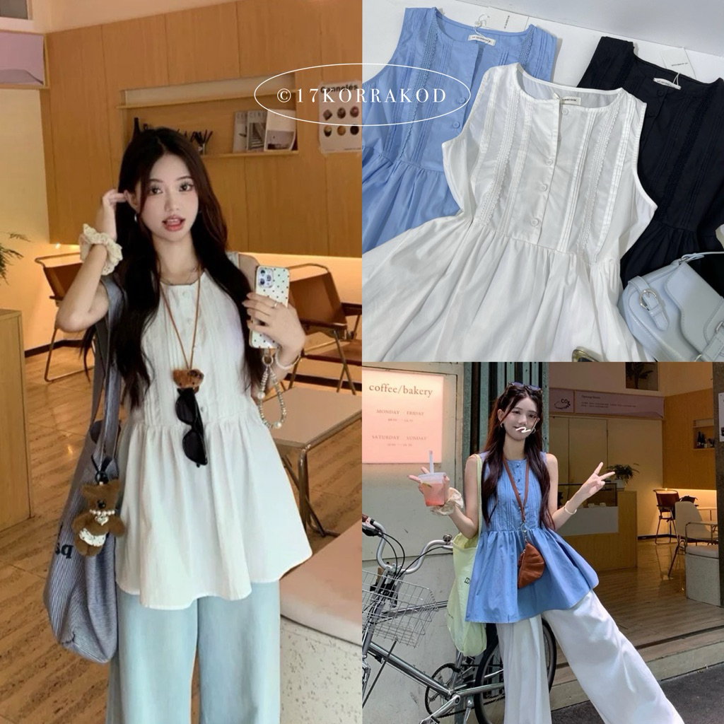 🌻เสื้อแขนกุดตัวยาวทรงกึ่งมินิเดรสแต่งลูกไม้ สไตล์เกาหลีมินิมอล (M2M)