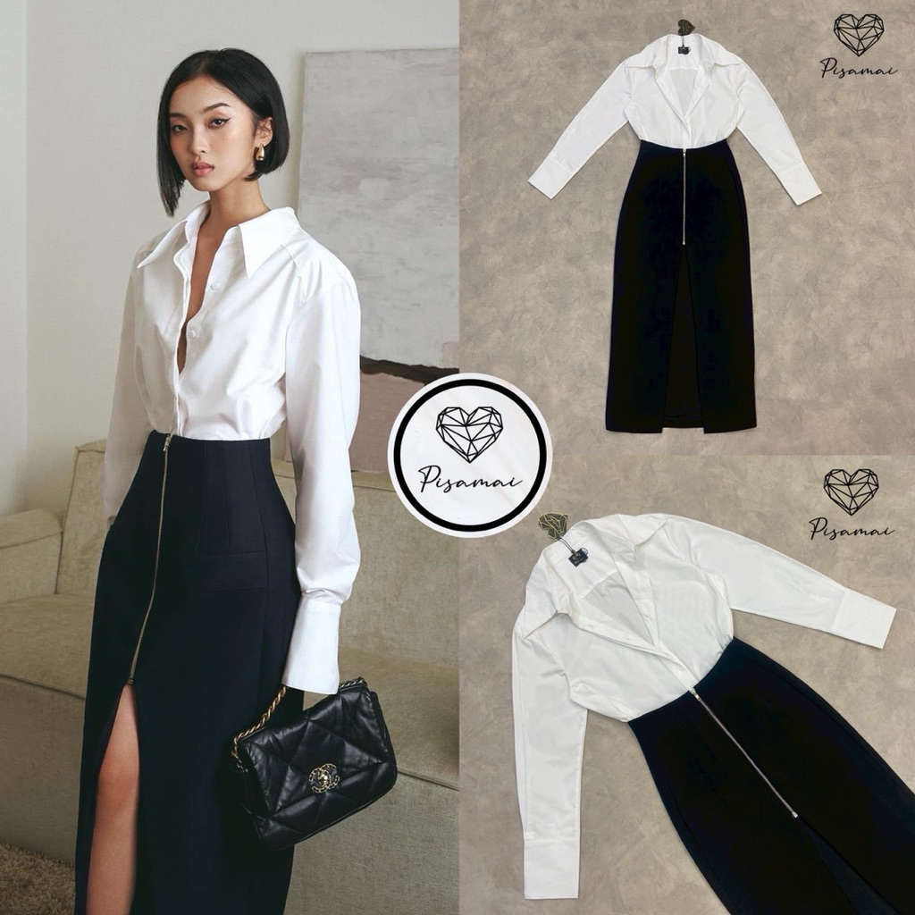 [PISAMAI] เซ็ตเสื้อเชื้ตคอปกสีขาวแขนยาว มาคู่กับกระโปรงสีดำ แต่งซิปหน้าสั้น